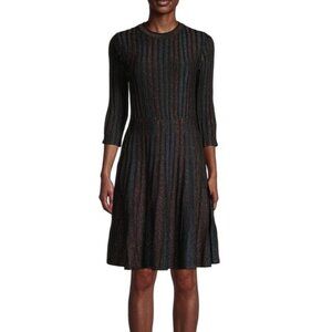 Nanette Lepore Metallic Fit Flare Dress Womens Medium Black Striped 3/4 Sleeve